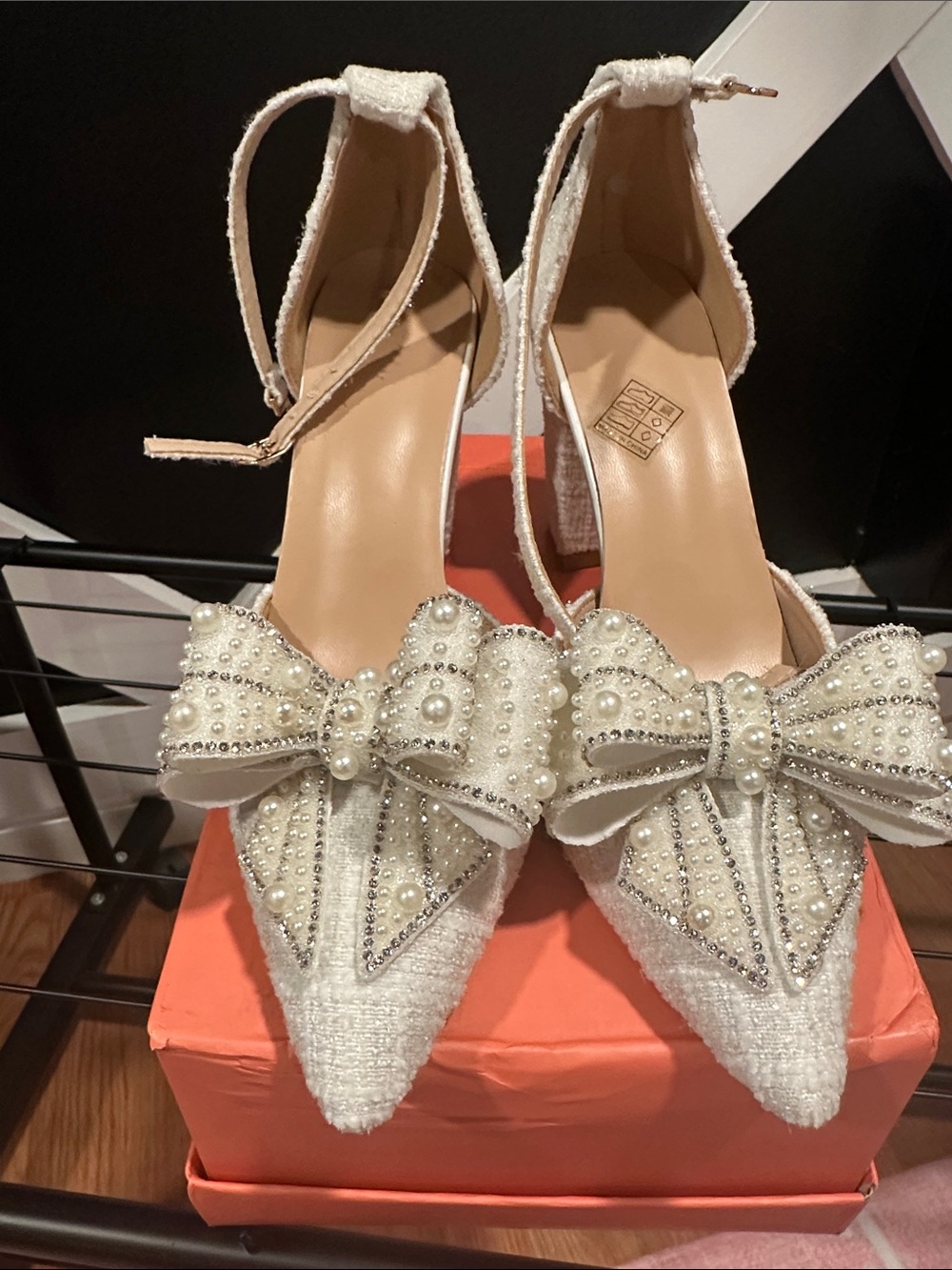 Embellished Ivory Bow Pointed Toe Heels for Women